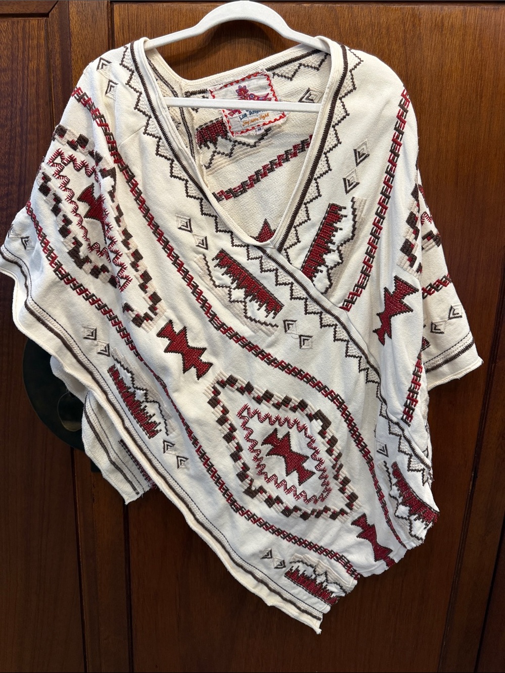 Johnny Was Los Angeles Embroidered Poncho Top in Ivory with Red Accents Medium